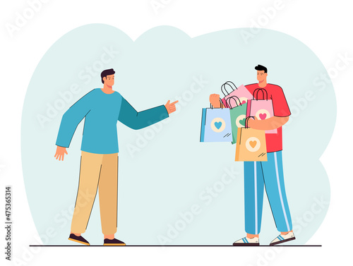 One man pointing finger at another one holding shopping bags with hearts on them. Friends envy and jealousy flat vector illustration. Relationship concept for banner, website design, landing web page