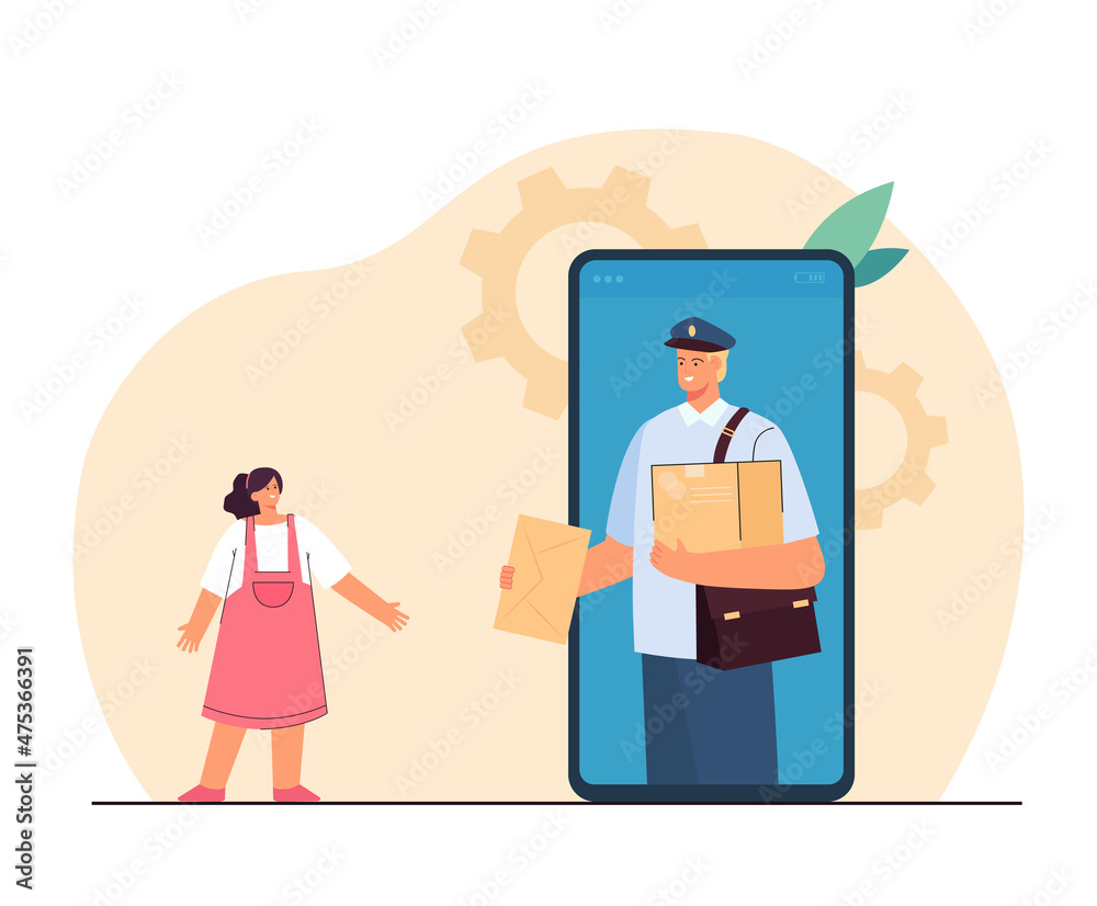 Postman on big phone screen delivering letter to little girl. Delivery man holding envelope flat vector illustration. Mail or email, technology concept for banner, website design or landing web page Postman on big phone screen delivering letter to little girl. Delivery man holding envelope flat vector illustration. Mail or email, technology concept for banner, website design or landing web page