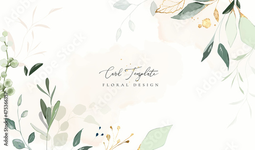 card template with herbs, leaves.  Wedding invite. decorative greeting background with watercolor and gold