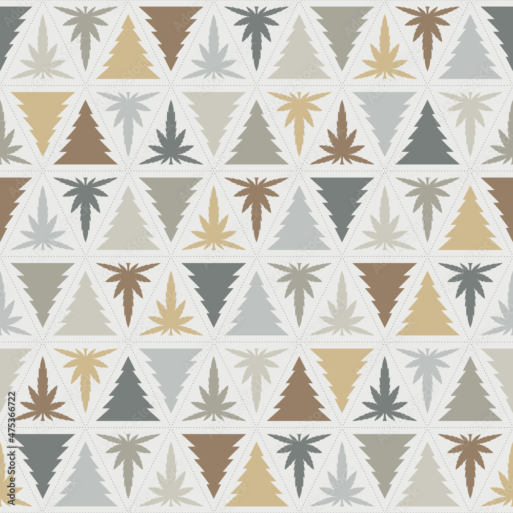 Seamless abstract background. Gray and brown triangle geometric shapes. Christmas tree pattern and cannabis leaf. Texture design for fabric pattern, tile, cover, poster, wall. Vector illustration.