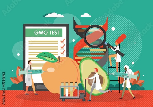 GMO testing lab. Scientists conducting gmo test with fruit. Bioengineered food, genetically modified product, vector.