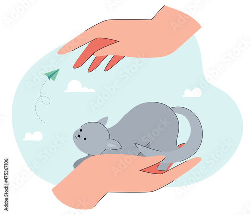 Huge hand holding cute little homeless kitten. Grey cat sitting on hand  adorable domestic animal flat vector illustration. Pets  adoption  care  protection concept for banner or landing web page