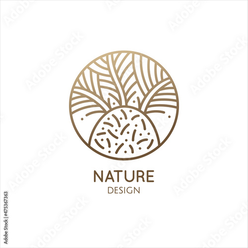 Fototapeta Naklejka Na Ścianę i Meble -  Tropical plant logo. Palm tree with leafs in linear style. Round outline emblem. Vector abstract badge for design of natural product, flower shop, cosmetics, ecology concepts, health, spa, yoga.