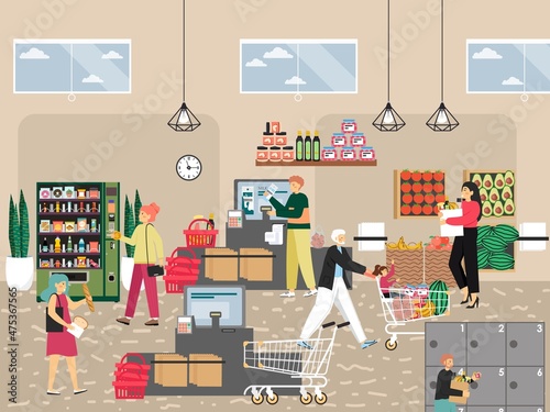 People buying food at supermarket self service cashier and from vending machine. Self service technologies, vector.