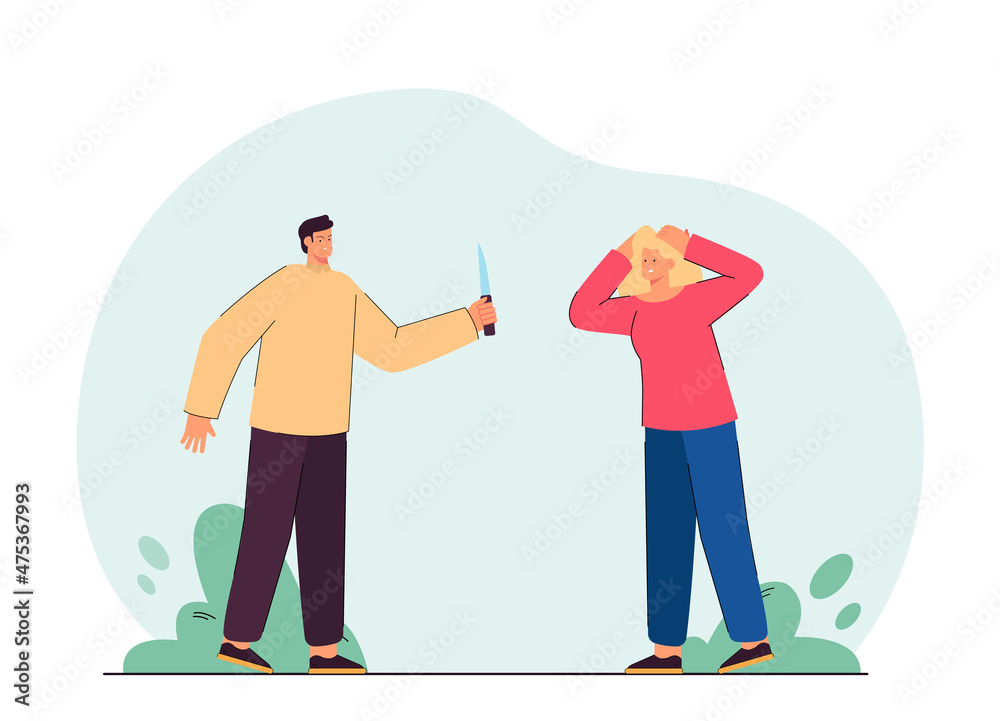Angry man holding knife and shocked woman. Husband threatening his wife flat vector illustration. Family relationship, domestic violence, crime concept for banner, website design or landing web page Angry man holding knife and shocked woman. Husband threatening his wife flat vector illustration. Family relationship, domestic violence, crime concept for banner, website design or landing web page