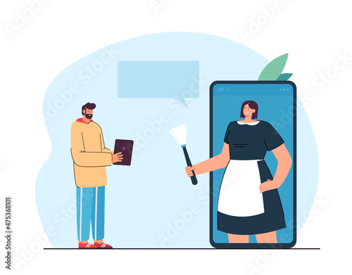 Man ordering cleaning service through website or app. Female cleaner in uniform on huge phone screen flat vector illustration. Cleaning service, housework, technology concept for banner, landing page