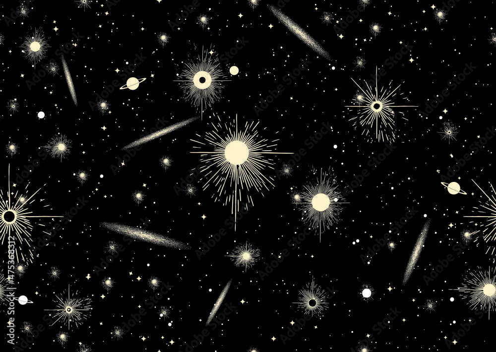 Obraz premium Bright yellow shiny stars and galaxies seamless vector pattern on black background.