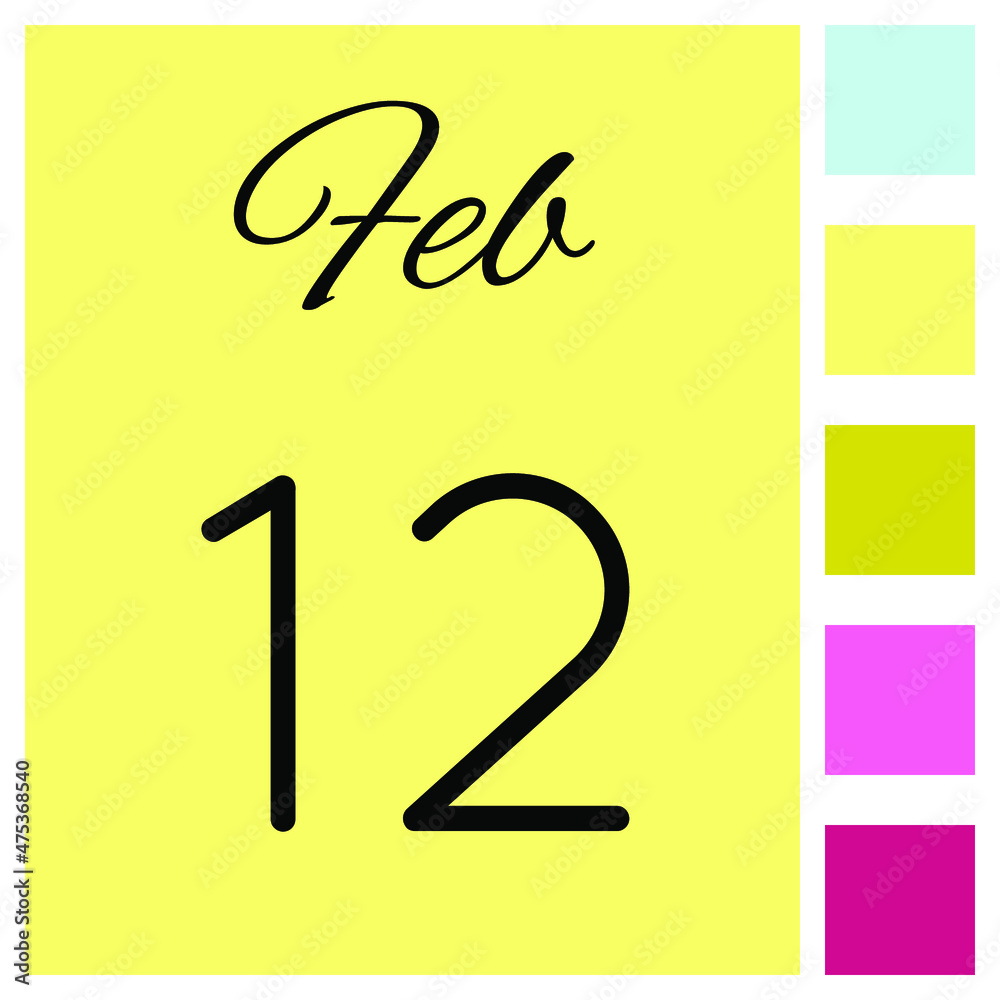 12 day of the month. 12 February. Cute calendar daily icon. Date day week Sunday, Monday, Tuesday, Wednesday, Thursday, Friday, Saturday. 12 day of the month. 12 February. Cute calendar daily icon. Date day week Sunday, Monday, Tuesday, Wednesday, Thursday, Friday, Saturday.
