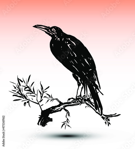 Crow on a branch. Japanese style traditional woodblock printing of ink crow on a branch in watercolor sunset sky. 