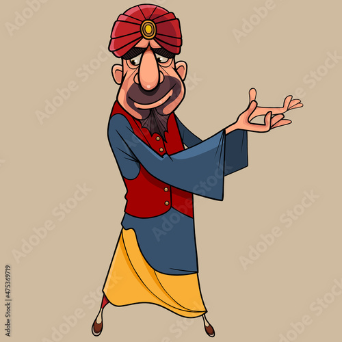 cartoon man dressed as a fairy sultan shows with his hands to one side photo