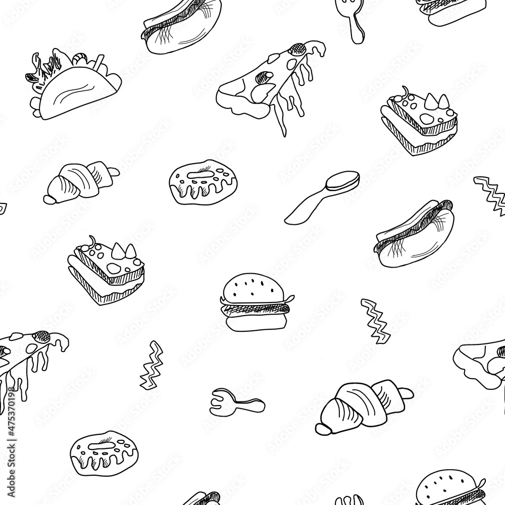Seamless pattern of food icons drawn in doodle style
