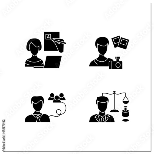 Freelance professions glyph icons set. Legal services, public relations office, blogger, photographer.Distance jobs. Online work. Filled flat signs. Isolated silhouette vector illustrations