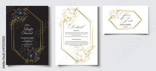 Wedding floral invitation  thank you modern card  rosemary  eucalyptus branches on white marble texture with a golden geometric pattern. Elegant rustic template. All elements are isolated and editable