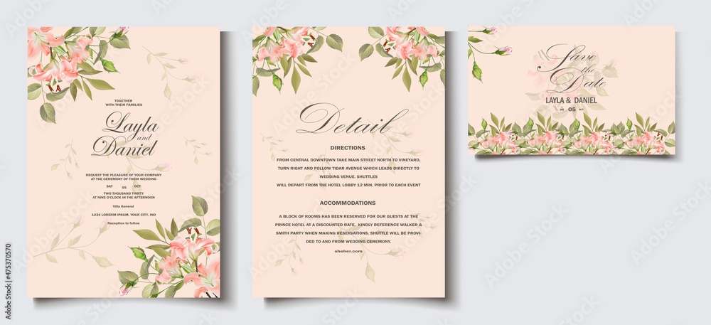 Set of card with flower rose, leaves. Wedding ornament concept. Floral poster, invite. Vector decorative greeting card, invitation design background
