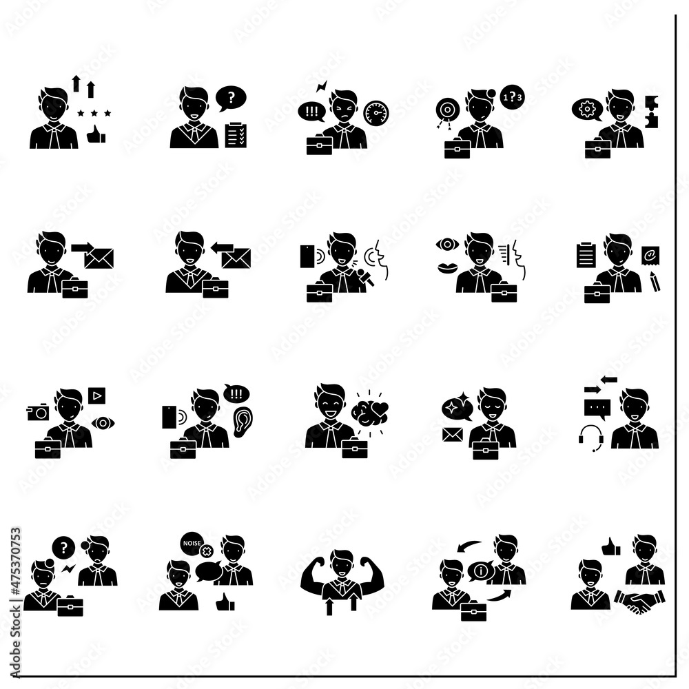 Effective communication glyph icons set. Exchanging networks, thoughts, knowledge in messages. Intercourse concept. Filled flat signs. Isolated silhouette vector illustrations Effective communication glyph icons set. Exchanging networks, thoughts, knowledge in messages. Intercourse concept. Filled flat signs. Isolated silhouette vector illustrations