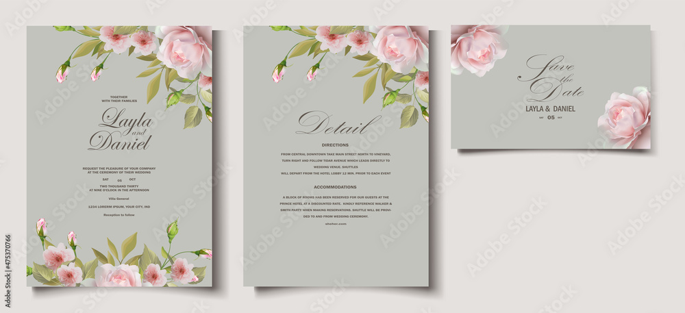 wedding invitation card with pink roses template

