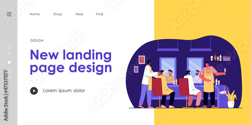Cartoon men getting their hair cut in barbershop. Flat vector illustration. Clients sitting in front of mirrors, hairdressers in aprons in salon. Hair care, beauty, business, service concept