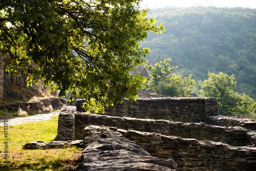 view of the schmidtburg remains of the keep of an old burg ruin in the morning sun against the light photo