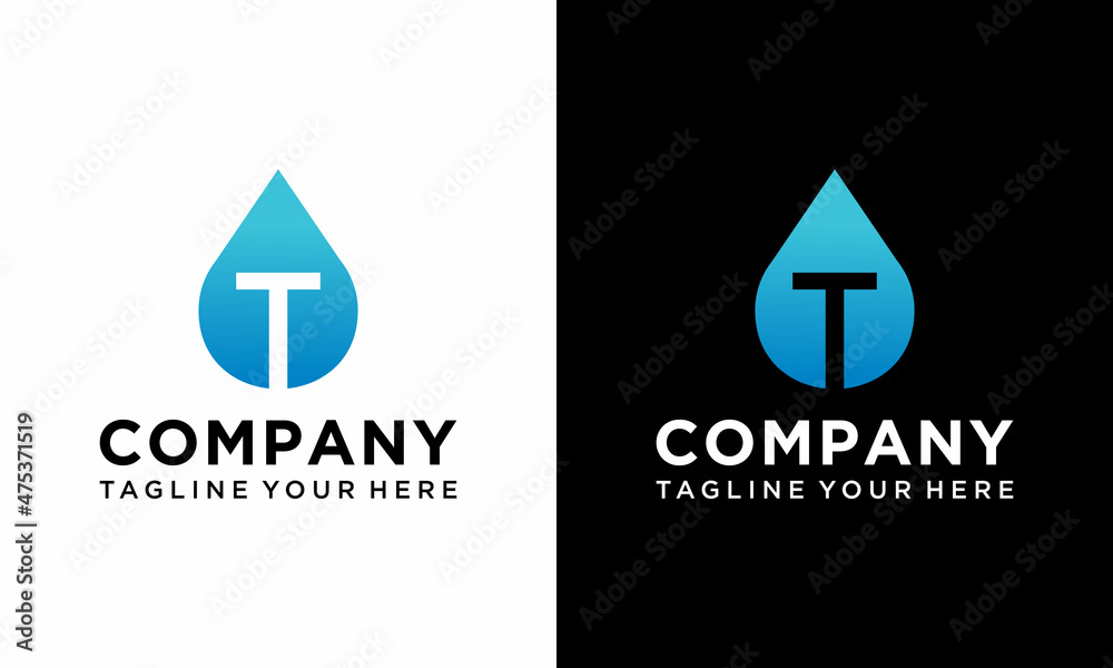 Letter T water drop logo. Blue aqua logo design vector template. on a black and white background. Letter T water drop logo. Blue aqua logo design vector template. on a black and white background.