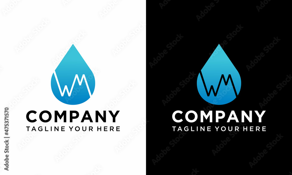 Letter WM water drop logo. Blue aqua logo design vector template. on a