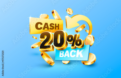 20 Cash back service, financial payment label. Vector