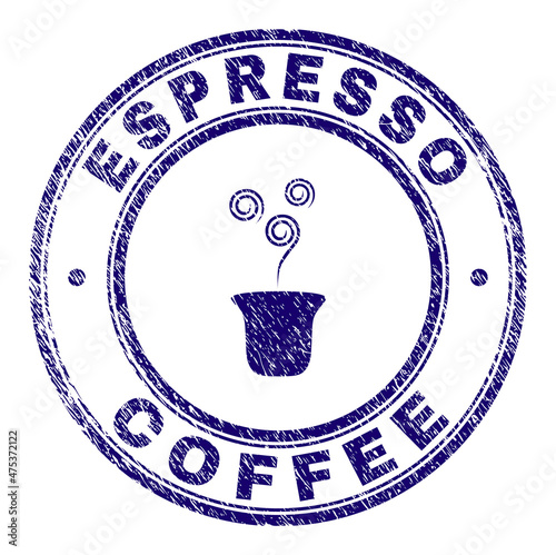 Blue ESPRESSO COFFEE round seal stamp. ESPRESSO COFFEE caption and icon are inside round shape. Rough ESPRESSO COFFEE seal in blue color, with corroded texture, and an icon image in the center. photo