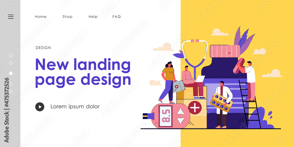 Group of tiny pharmacists. Cartoon doctors with different pills, vitamins, antibiotics flat vector illustration. Pharmacy, drugstore, pharmaceutical business concept for banner, website design