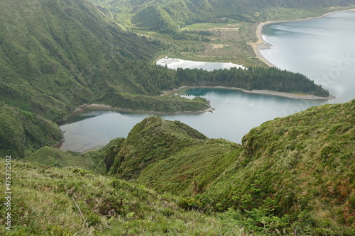 Scenic view on Lagoa do Fogo (Fire Lake) on a cloudy day, Sao Miguel, Azores, Portugal