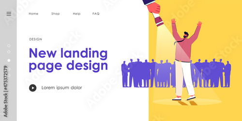 Happy man standing under spotlight. Businessman standing out from crowd, chosen candidate flat vector illustration. Success, job, promotion concept for banner, website design or landing web page