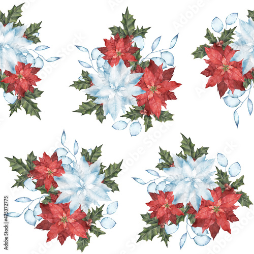 Seamless pattern with red poinsettia colors. Christmas pattern. Bouquet with poinsettia.	
