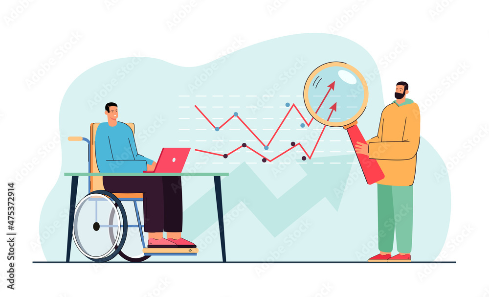Office worker in wheelchair and income chart going up. Employee with magnifier analyzing statistics flat vector illustration. Finances, investment, success concept for banner, website design