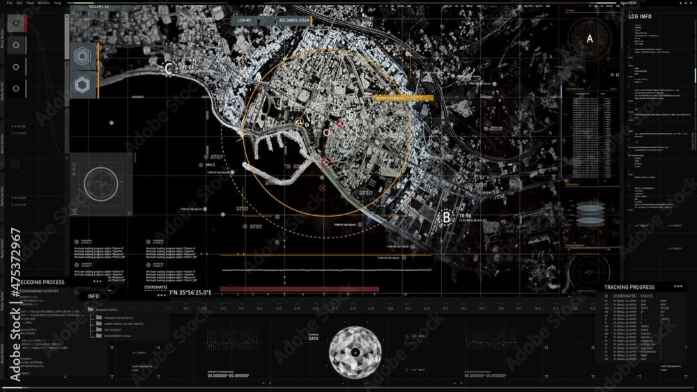High Tech Spy City Drone Detects Target Position At An Urban Harbor. Surveillance Drone System Scans Coastal City Map In A Futuristic Spying Interface. City Target Search By A Modern Spy Drone Cam.