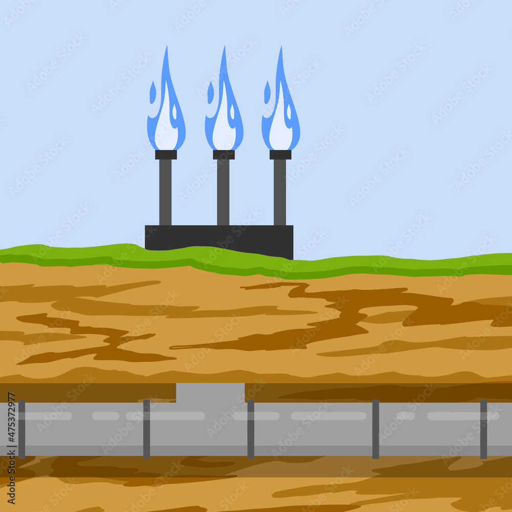 Gas pipeline and equipment. Gasmain with blue fire. Industrial transportation of gas in pipe underground. Cross-sectional view. Flat infographics Gas pipeline and equipment. Gasmain with blue fire. Industrial transportation of gas in pipe underground. Cross-sectional view. Flat infographics