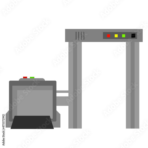 Metal detector. Safety frame. Checking dangerous items. Airport counterterrorism equipment. Modern technological gates and entrance. X-ray interoscope.