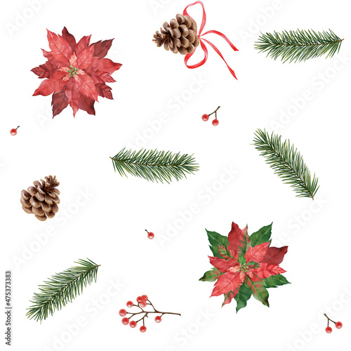 Seamless Christmas pattern of red poinsettia, berries, fir cones and branches on a white background. Can be used on fabrics, wrapping paper and for your design.	