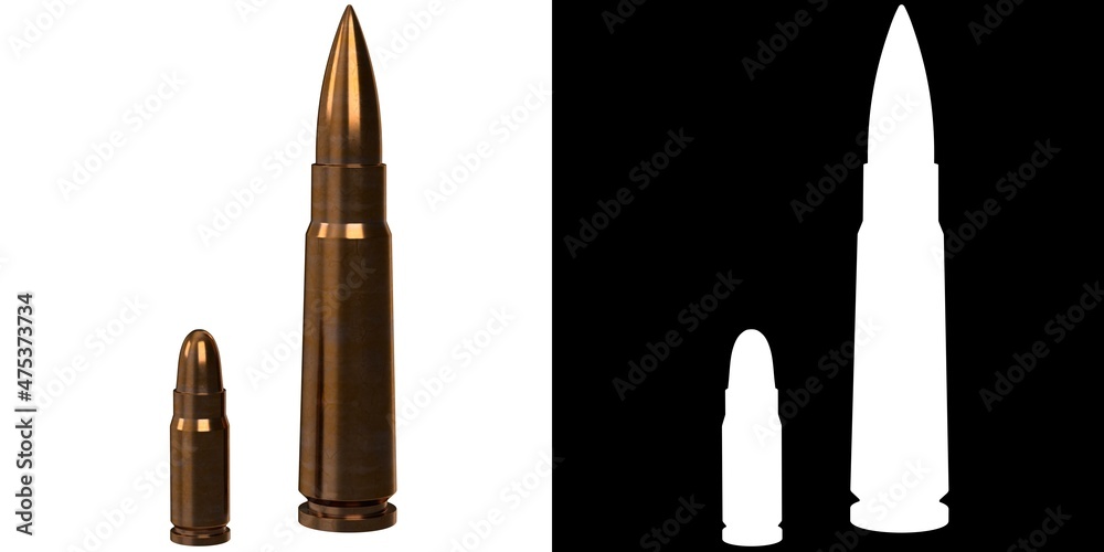 3D rendering illustration of a couple of gun and rifle bullets 3D rendering illustration of a couple of gun and rifle bullets