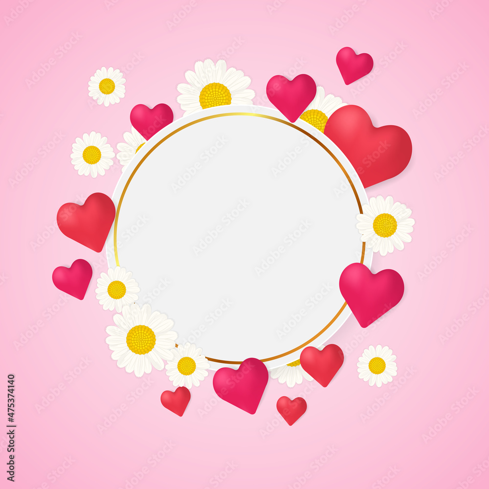 Romantic background with chamomile, heart and round frame. Vector illustration.