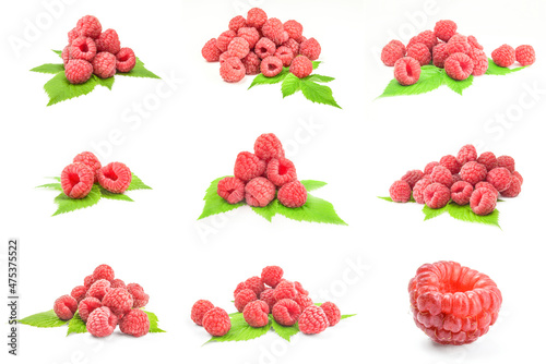 Group of ripe red raspberries isolated on a white cutout