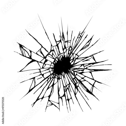 Broken glass from impact with black hole in the middle .Crack in ice or ground .Damaged windshield .Hand sketch on white background.