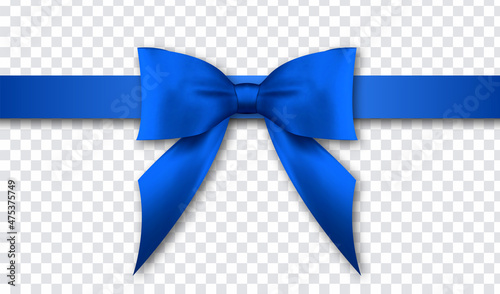 Realistic blue bow and ribbon isolated on transparent background. Vector illustration.