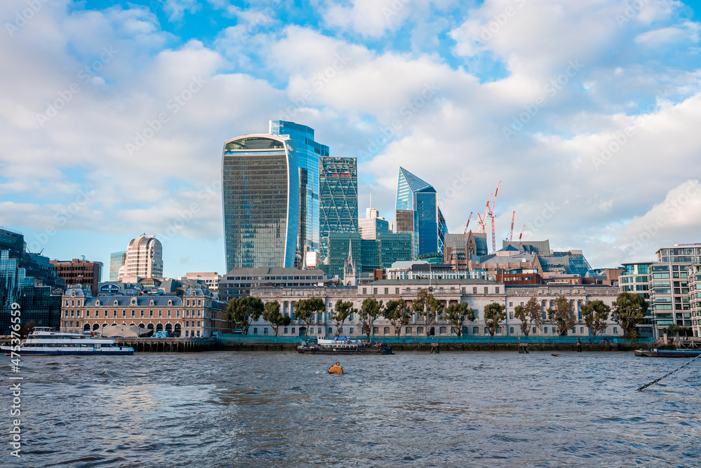 Panoramic view of the London financial district with many skyscrapers