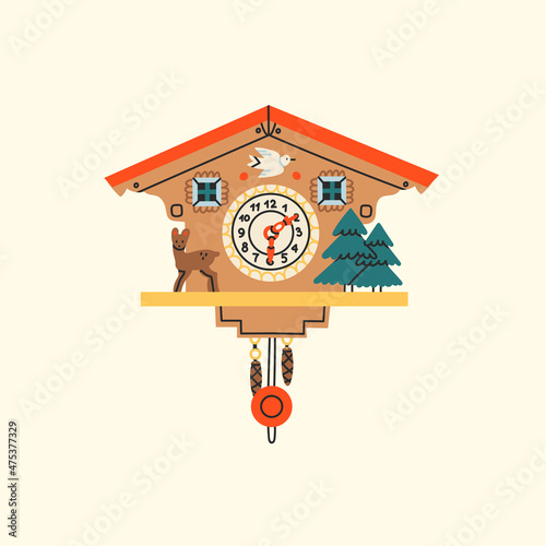 Vintage Cuckoo Clock. Decorative wooden clock with tree and deer. Antique german wall watch. Hand drawn colorful modern Vector Illustration. Isolated on white. Cartoon style, flat design