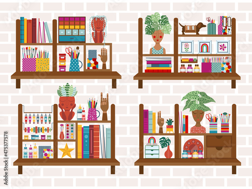 Obraz na płótnie Creative Home Art Studio Shelf Decor in Flat w salonie
