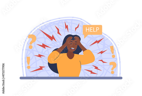Anxiety disorder concept. Girl holds her head with her hands and asks for help. Character has difficulties in his personal life and at work. Unhappy person, stress. Cartoon flat vector illustration