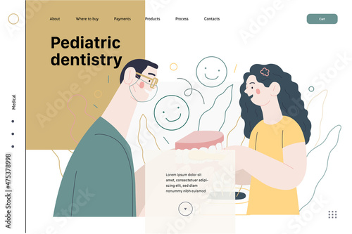 Pediatric dentistry - medical insurance web template. Modern flat vector