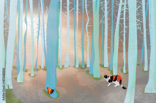 Ilustracja magiczny las spotkanie kot i motyl w magicznym lesie błękitne drzewa