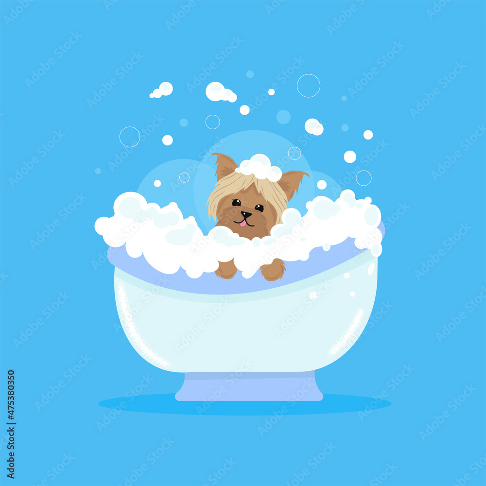 Illustration for a grooming studio, a character - a cute Yorkshire terrier puppy on a blue background takes a bath with foam Illustration for a grooming studio, a character - a cute Yorkshire terrier puppy on a blue background takes a bath with foam