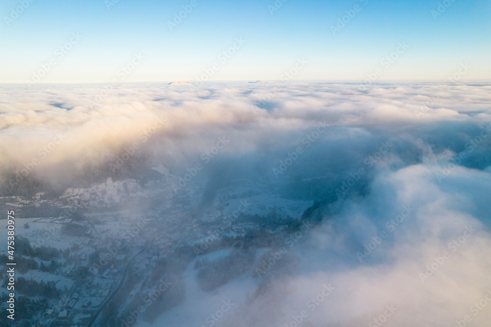 Winter Landscape and Clouds . Aerial Drone View