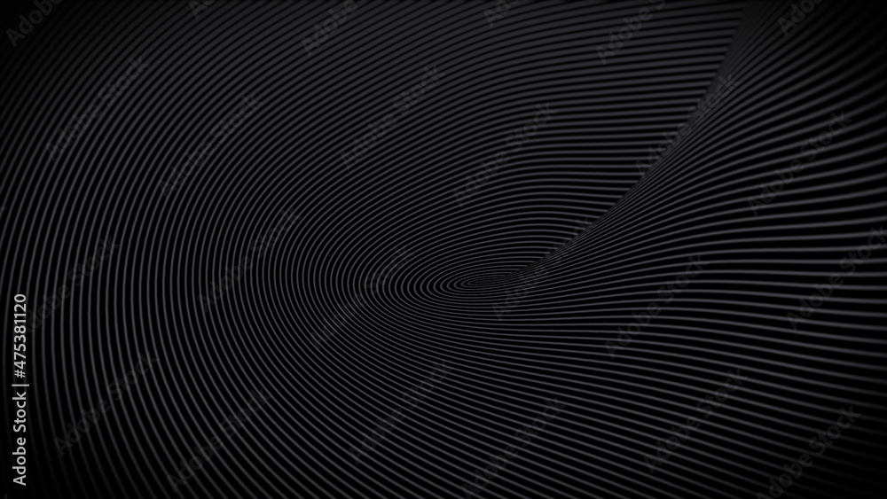 3D rendering of spiral gray swirl lines on a twisted surface. Minimalistic dark design