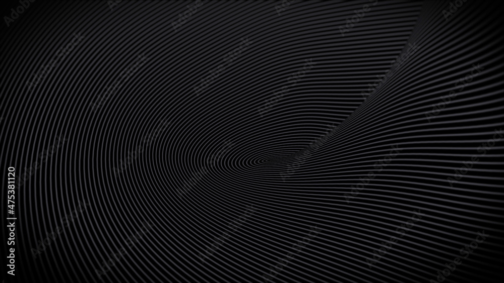 3D rendering of spiral gray swirl lines on a twisted surface. Minimalistic dark design 3D rendering of spiral gray swirl lines on a twisted surface. Minimalistic dark design
